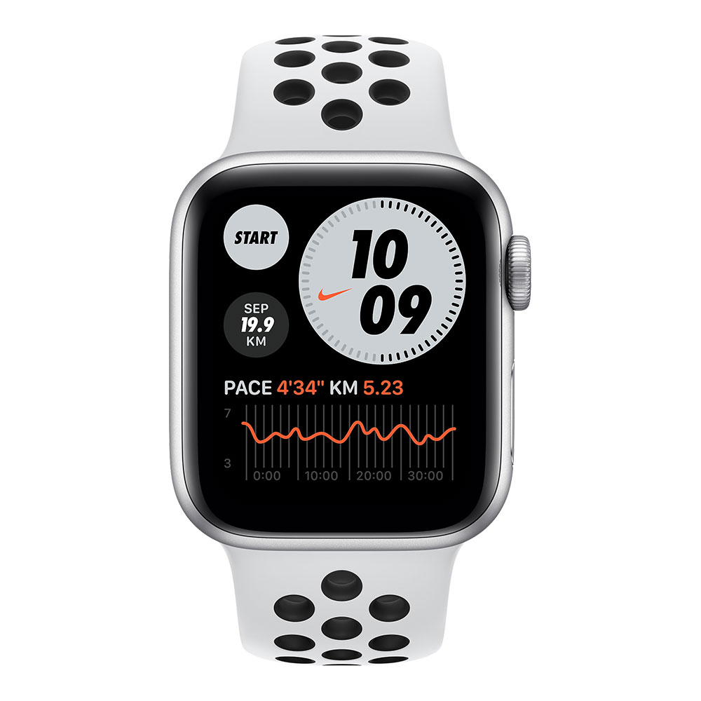 Apple Watch Nike Series 6, 40 мм, корпус серебристого цвета, ремешок Nike цвета чистая платина/чёрный