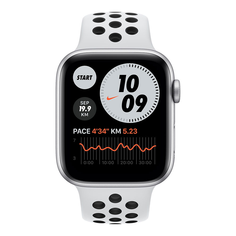 Apple Watch Nike Series 6, 44 мм, корпус серебристого цвета, ремешок Nike цвета чистая платина/чёрный