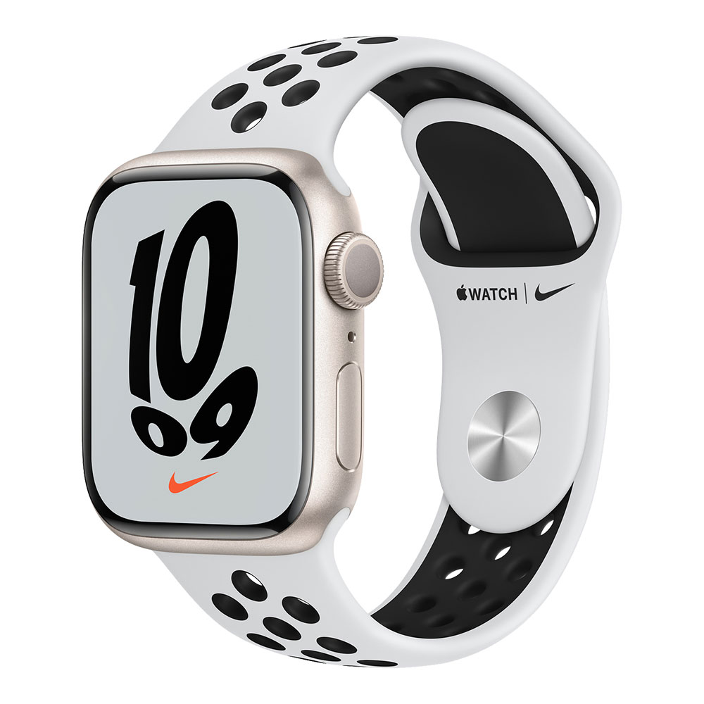  Apple Watch Nike Series 7, 41 мм, корпус цвета сияющая звезда, ремешок цвета чистая платина/чёрный