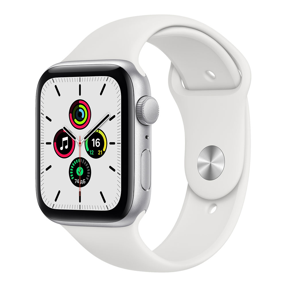  Apple Watch SE, 44 мм, корпус серебристого цвета, ремешок белого цвета