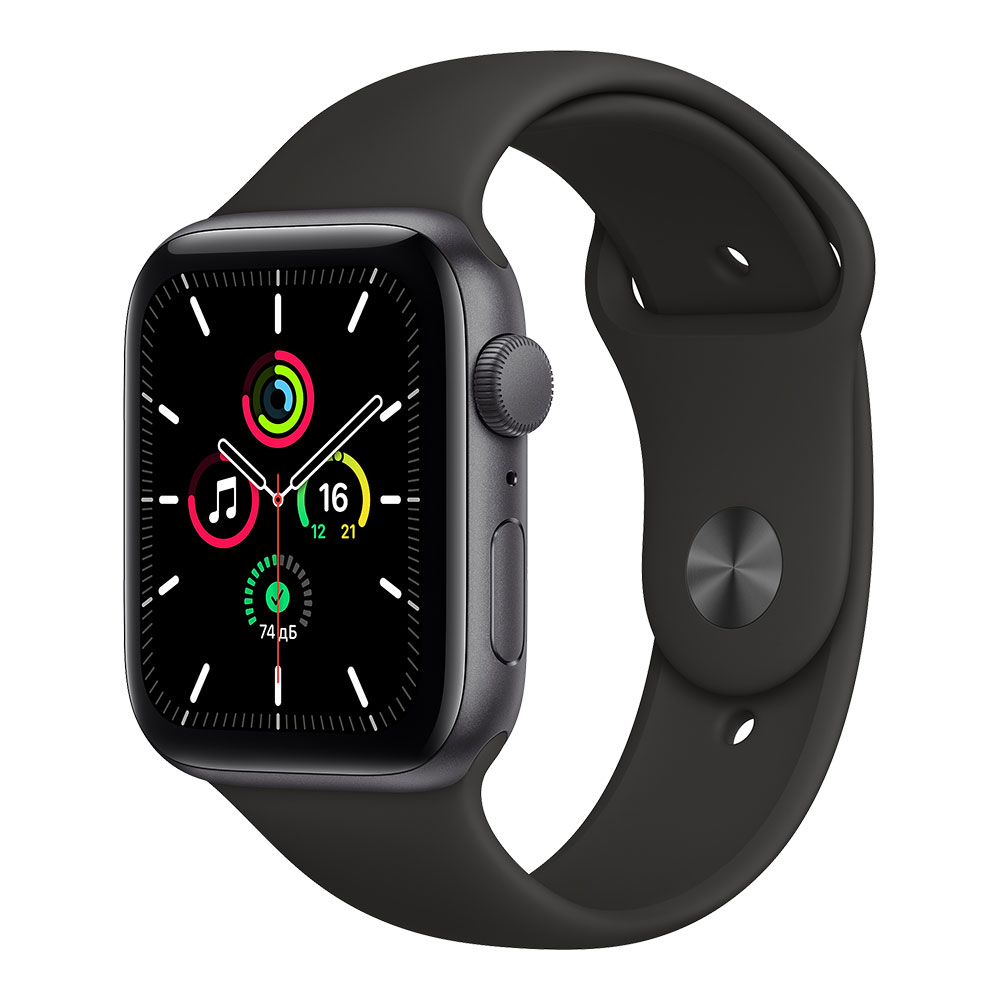  Apple Watch SE, 44 мм, корпус цвета серый космос, ремешок чёрного цвета
