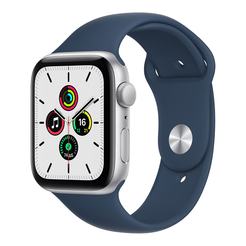  Apple Watch SE, 44 мм, корпус серебристого цвета, ремешок цвета синий омут